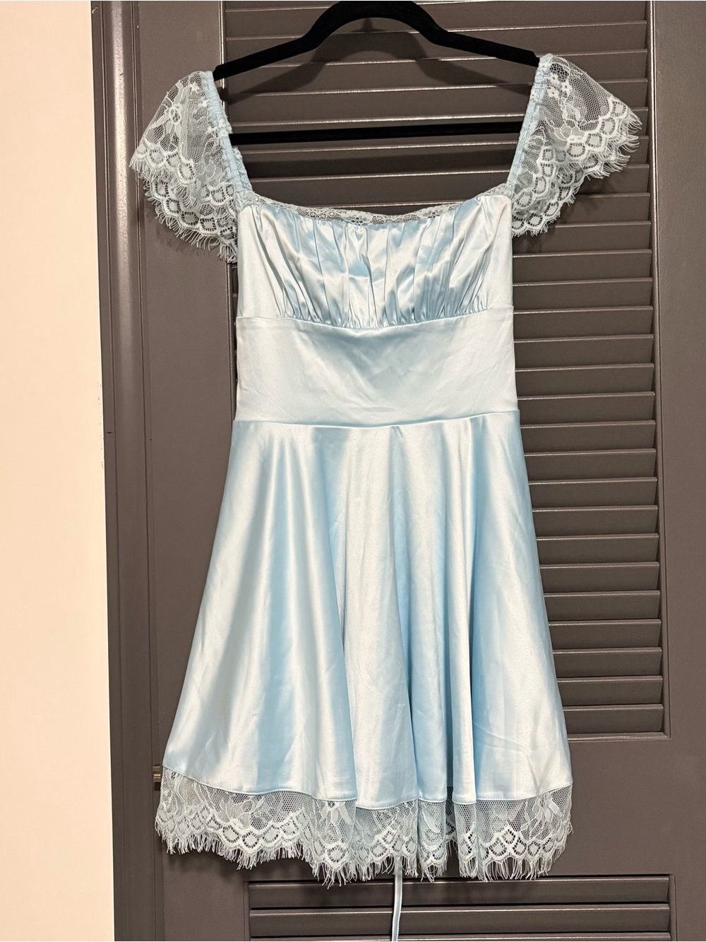 Light Blue Lace-Trim Off-Shoulder Mini Dress